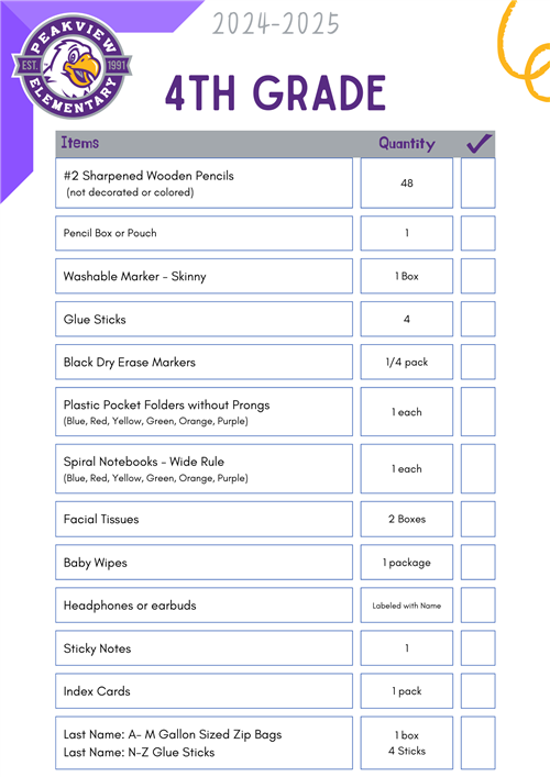 4th Grade Supply List 